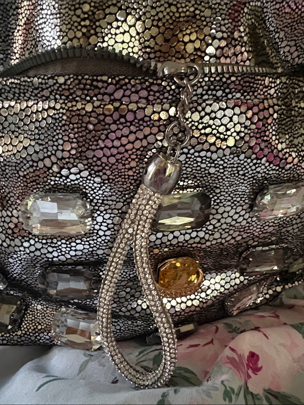 Women's Jeweled Metallic Satchel Handbag - Silver - Picture 9 of 12